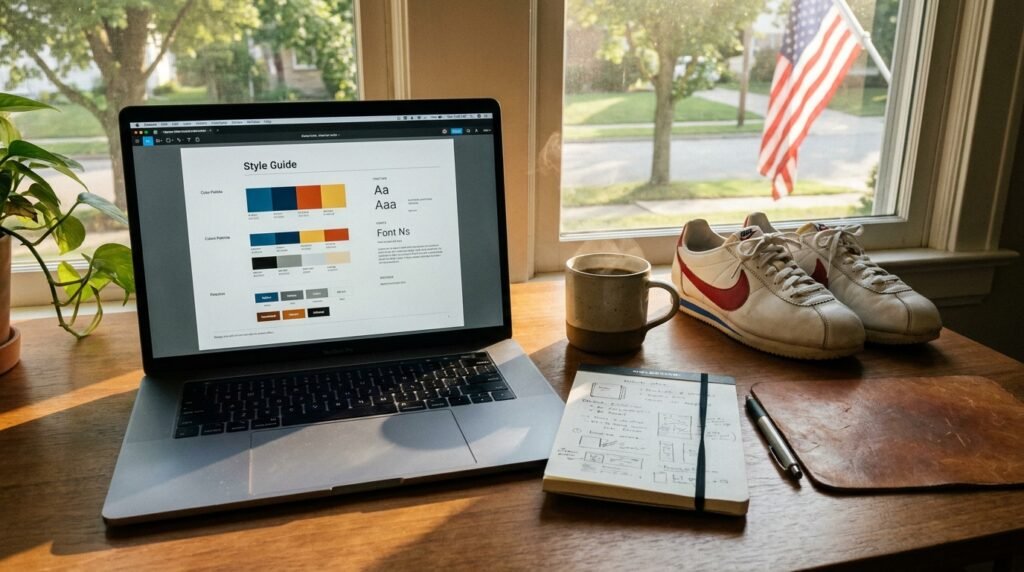 An open laptop, coffee cup, notepad, and Nike sneakers arranged on a desk.