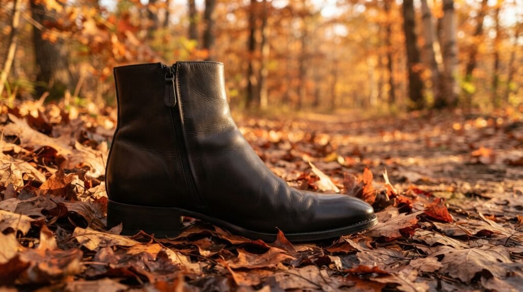 A black leather ankle boot sitting on a sidewalk covered in autumn leaves.