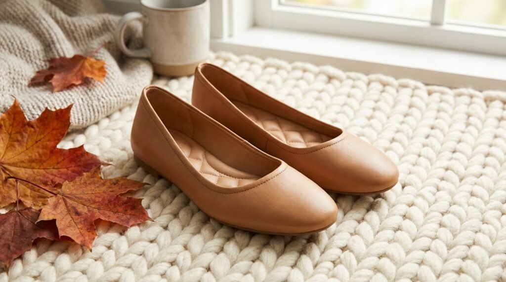 Tan leather ballet flats placed on a warm ivory rug next to a few dry autumn leaves.