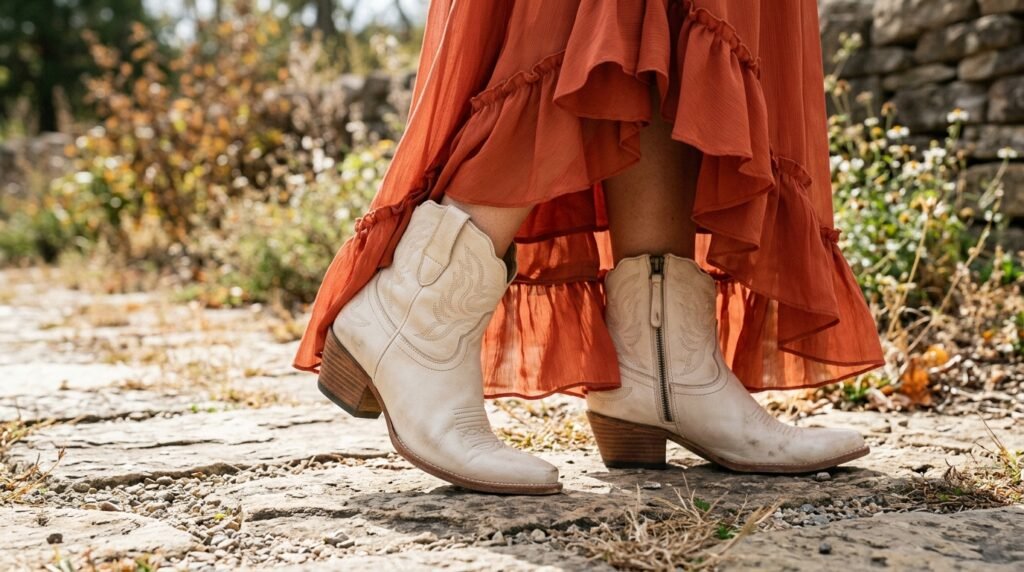 Ivory western ankle booties styled with a terracotta tiered gown.