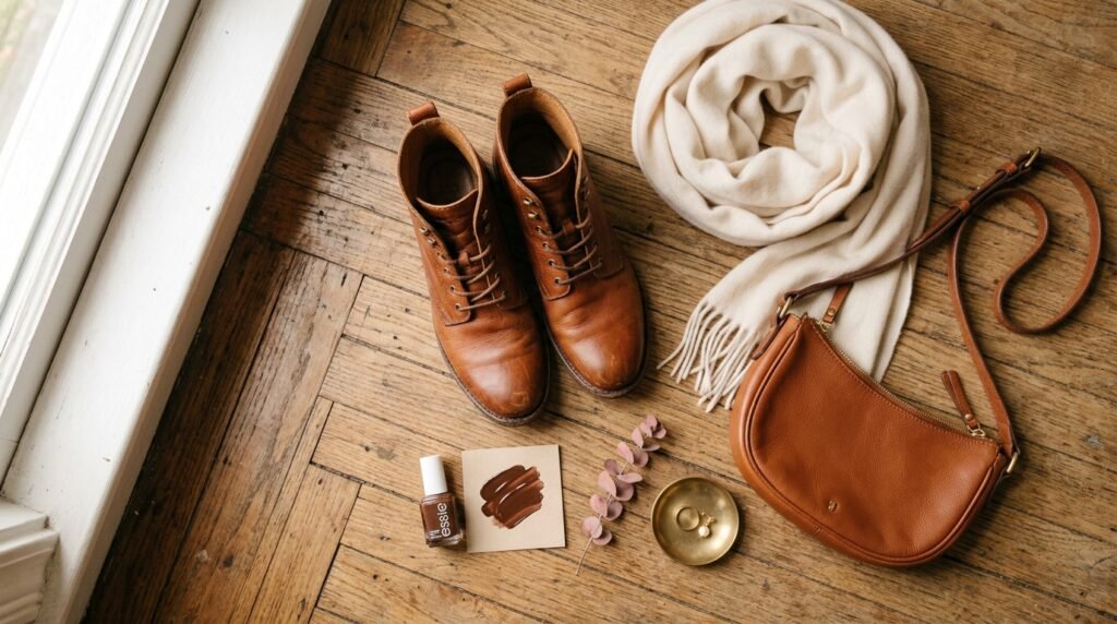 Flat lay arrangement of cognac boots, chocolate brown nail polish, and a cream scarf on wooden flooring.