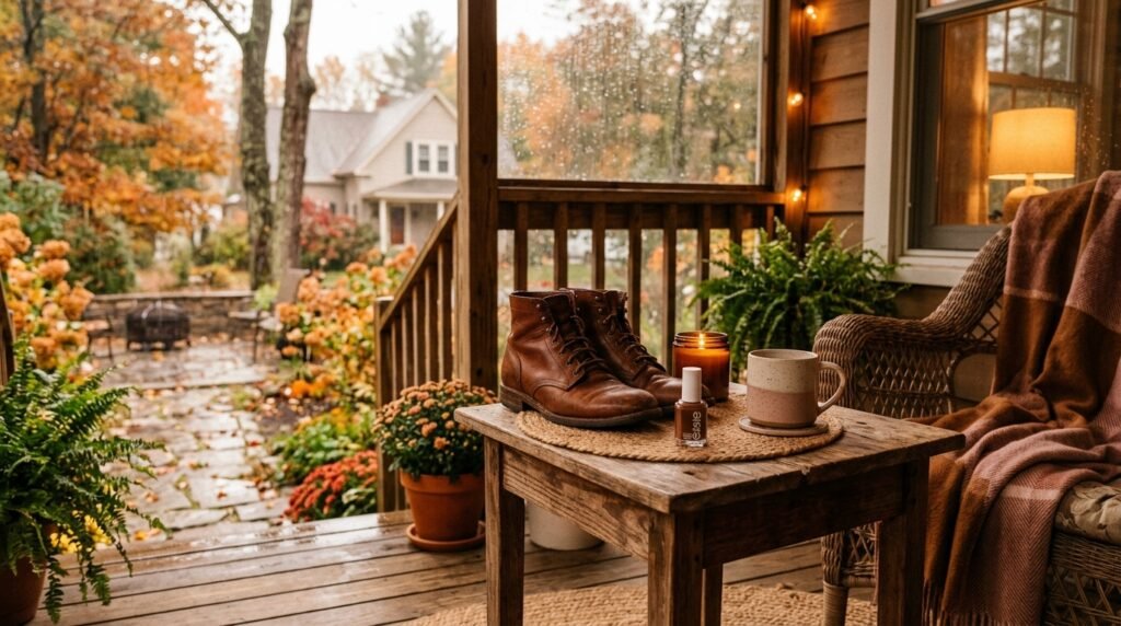 Protected leather boots and nail polish bottle on a porch table during autumn.