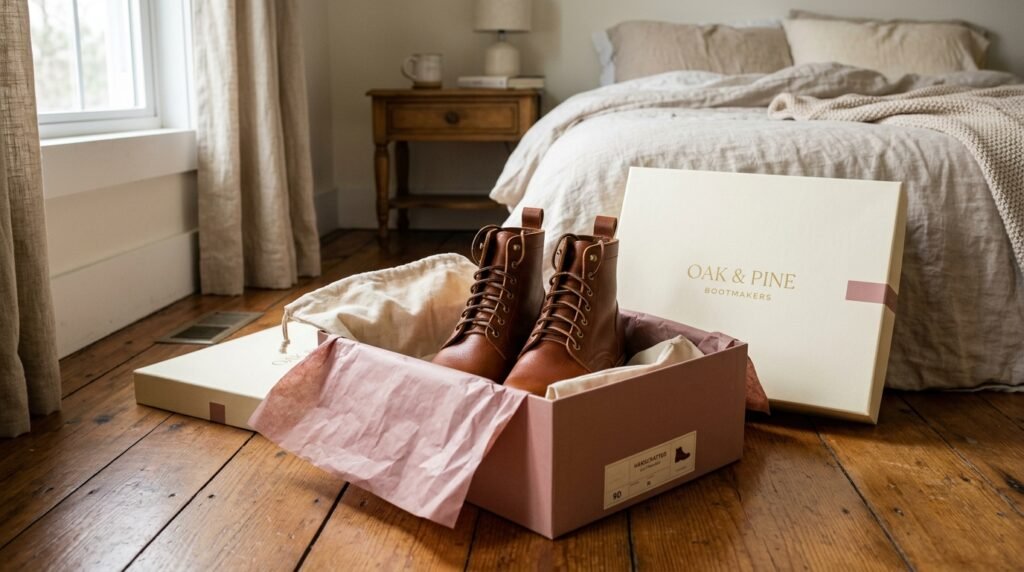 A pair of new leather boots sitting inside an open shoebox on a wooden floor in bright natural light.