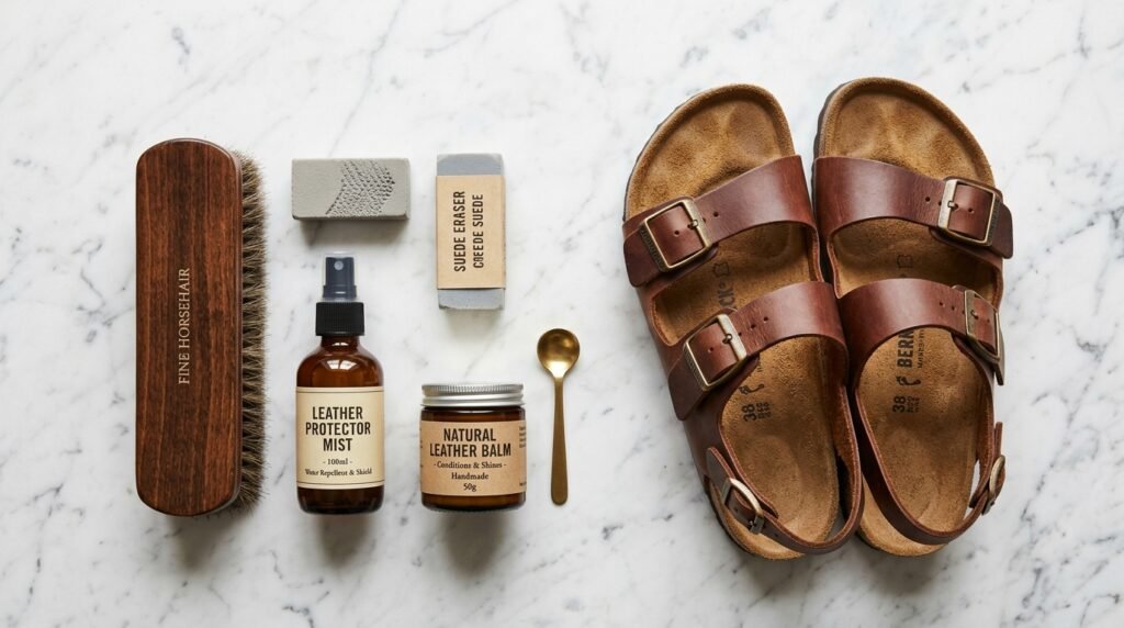 Leather care products and shoe brush arranged beside luxury summer sandals.