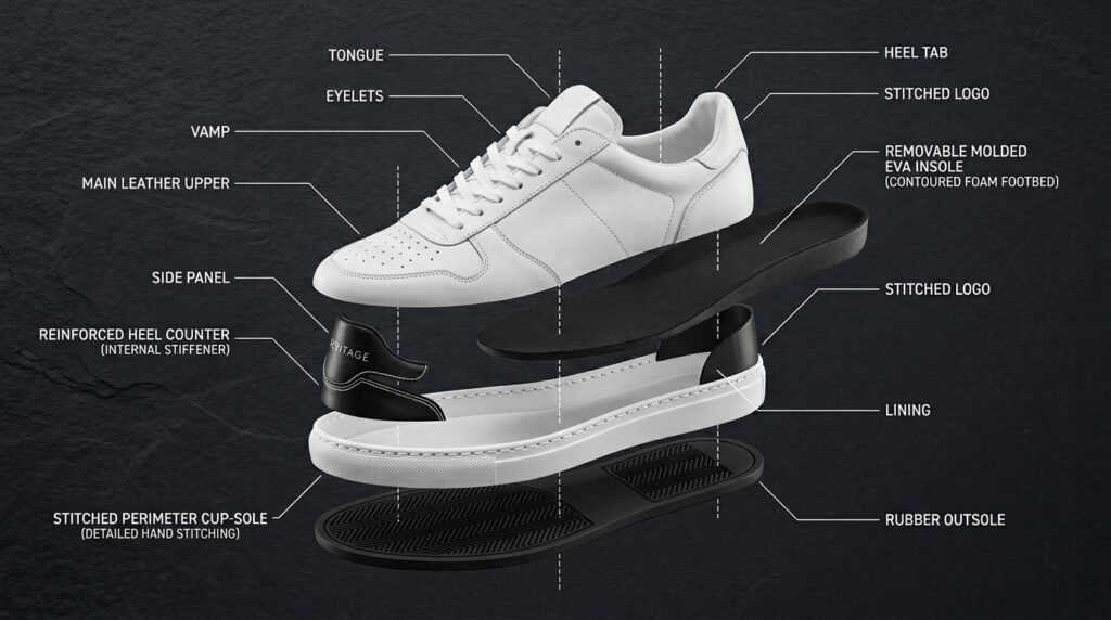 Technical exploded view of a leather sneaker highlighting insole cushioning and stitched cupsole.