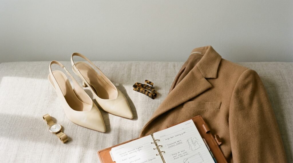 Premium flat lay of cream leather slingback heels, a camel cashmere blazer, and minimalist gold accessories styled on a neutral linen background.