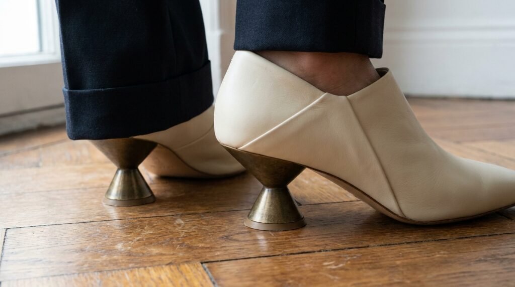 Cream leather architectural spool kitten heels on a wooden office floor.