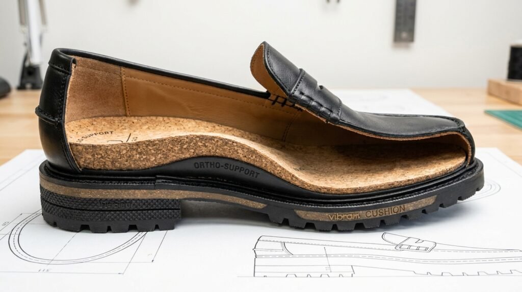Supportive leather work loafer showing cushioned orthotic insole layers.