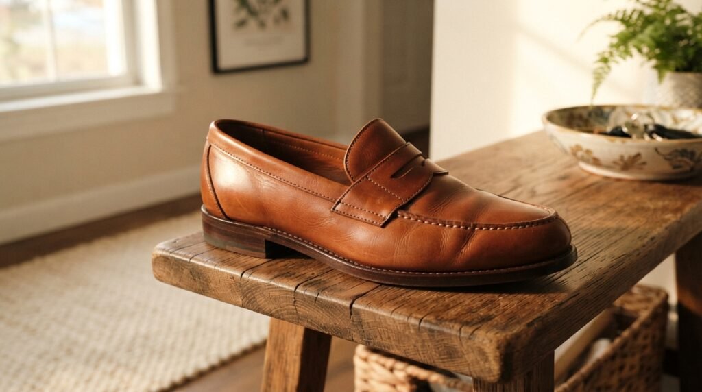 A pair of cognac leather loafers resting on a wooden bench in an entryway.