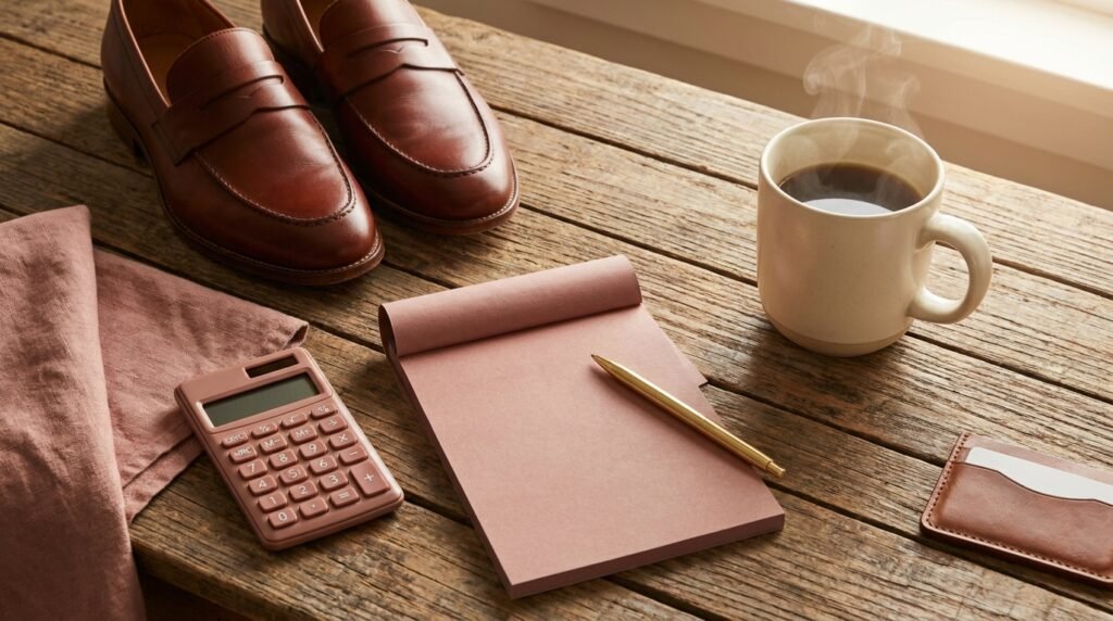 Flat lay photograph of a leather shoe, a calculator, and a notepad on wood.