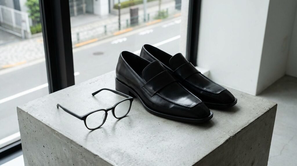 Modern square-toe black leather loafers displayed on a concrete table.