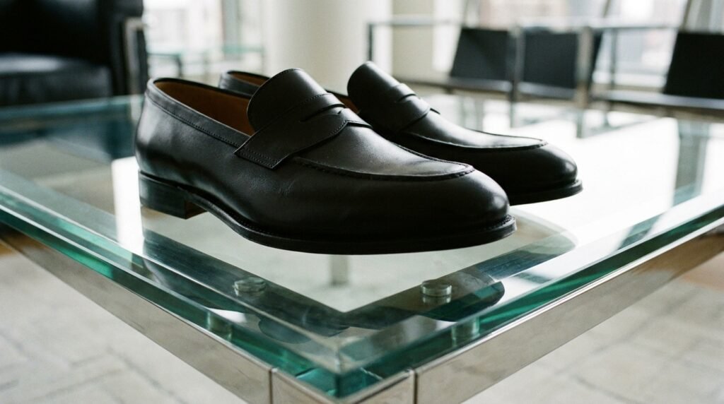 Black box calfskin leather penny loafers with high shine finish.