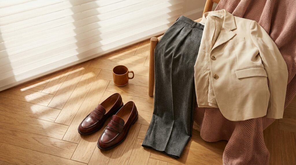 Oxblood leather loafers resting on a wooden floor next to wool trousers.
