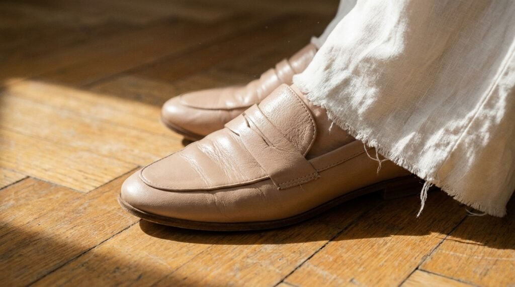Nude leather almond-toe loafers styled with cropped ivory trousers.