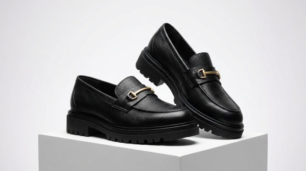 Black leather loafers with a subtle lug sole and matte gold horsebit hardware.