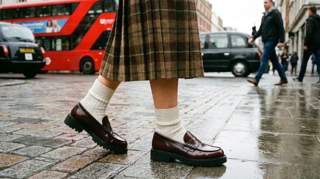 Oxblood leather penny loafers with lug soles worn with socks on city pavement.