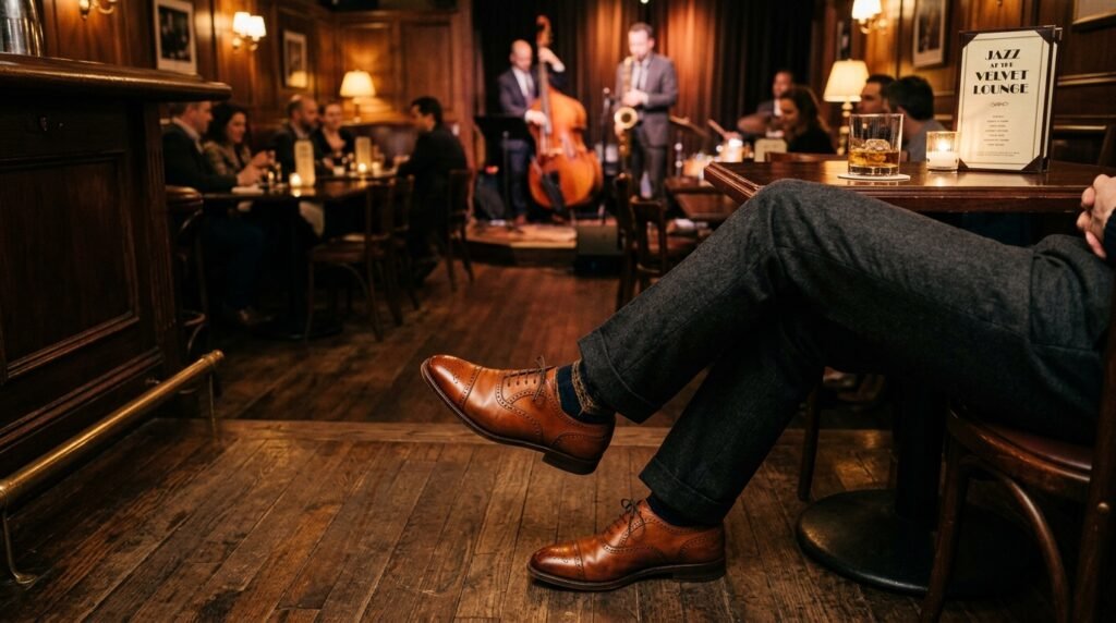 Classic leather oxfords worn with tailored trousers in a warmly lit indoor lounge.