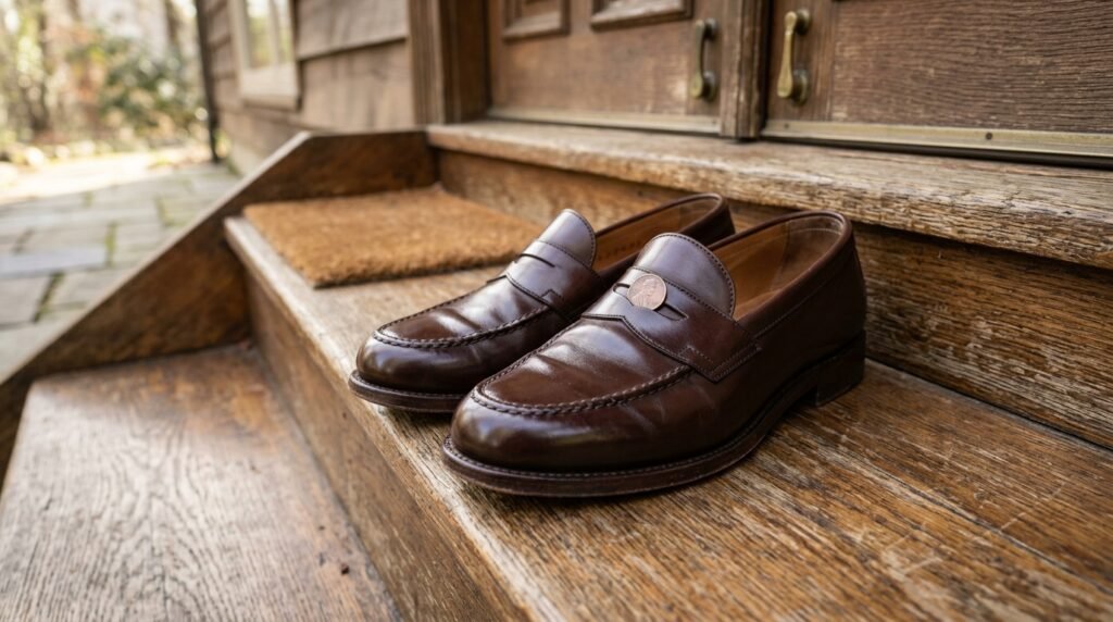 Clean, polished leather penny loafers resting on a wooden doorstep.