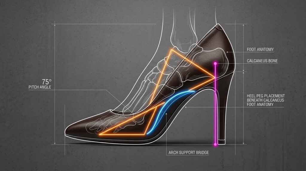 Diagram illustrating the biomechanics, pitch, and heel placement of a comfortable pump.