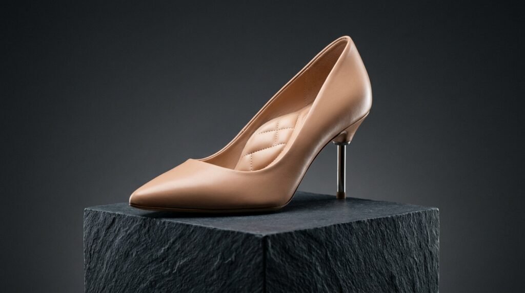 Pointed-toe nude leather pump highlighting balanced heel construction.