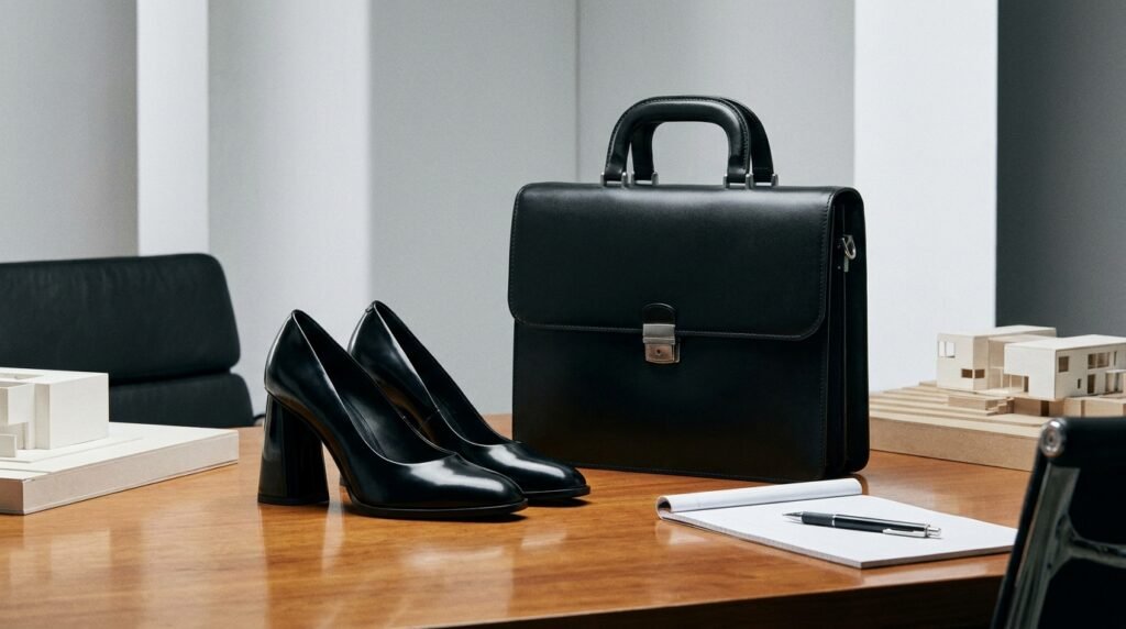 Black leather pumps with geometric column block heels on an office table.
