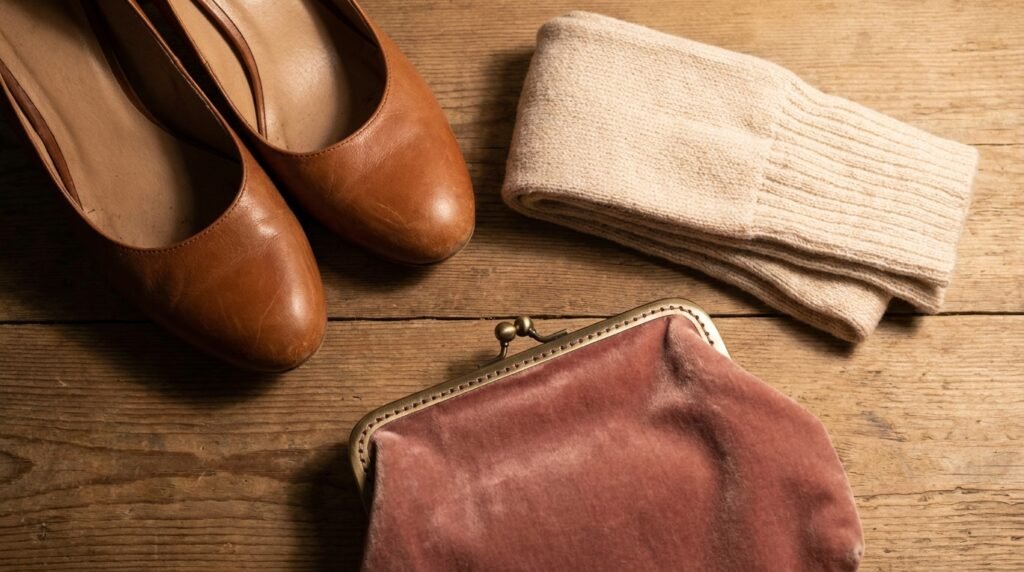 Flat lay of closed pumps, thermal socks, and a small velvet bag.
