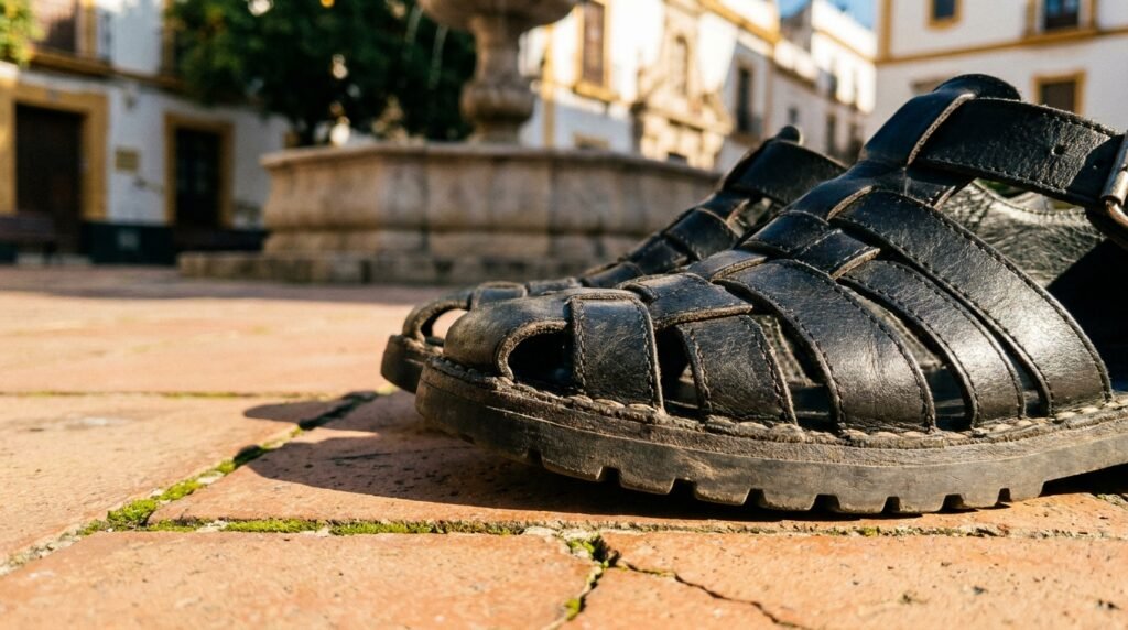 Black leather woven fisherman sandals resting on sunlit terracotta tiles.