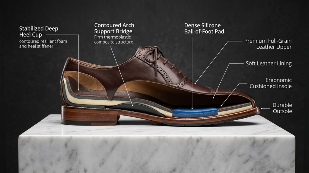 Exploded view diagram of an ergonomic shoe showing arch support and cushioning layers.