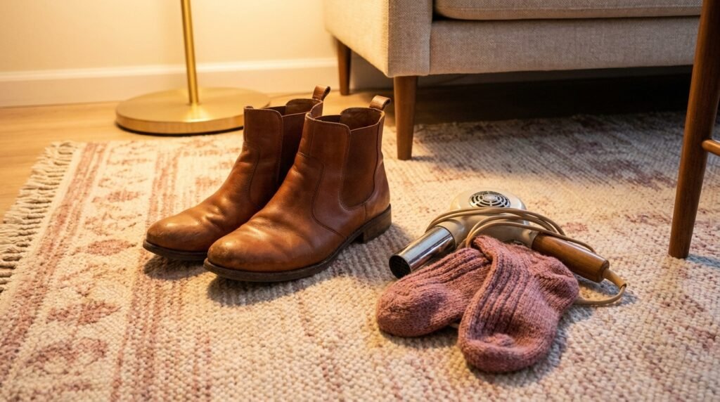 Leather shoes sitting on a rug next to a hair dryer and socks indoors.