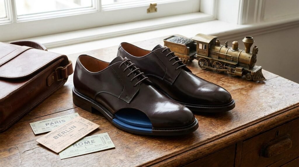 Polished dark brown leather derby shoes on an oak table next to train tickets.