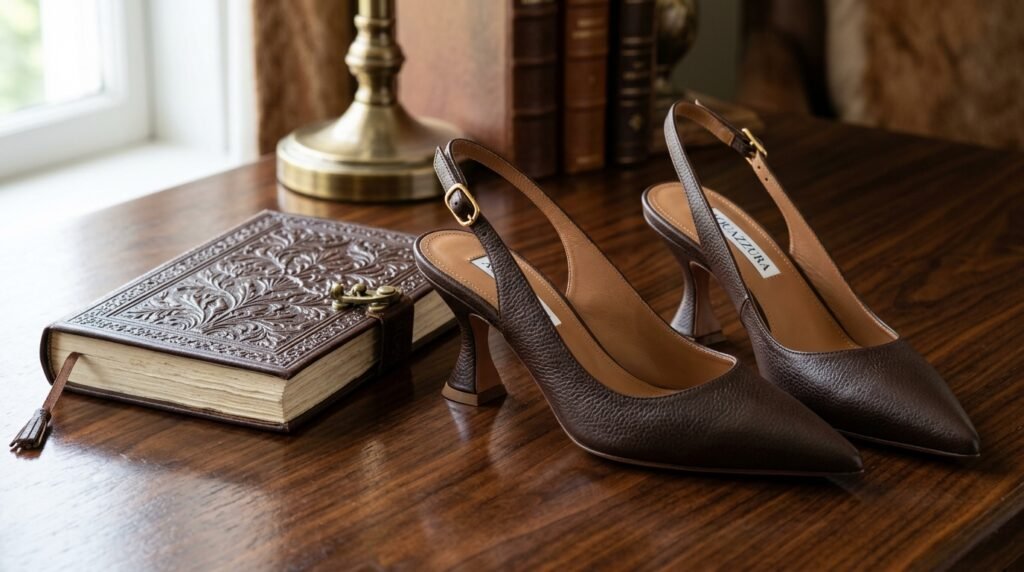 Espresso leather pointed-toe slingback shoes with a sculptural spool kitten heel.