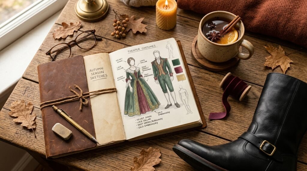 Confident woman wearing an emerald velvet coat and black knee-high boots on an autumn path.