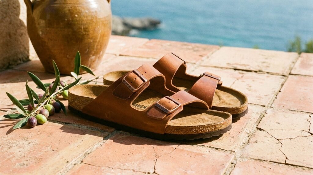 Cognac leather slide sandals with contoured cork footbeds on terracotta tiles.