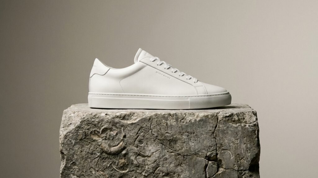 Minimalist white leather court sneaker on a stone plinth for travel.