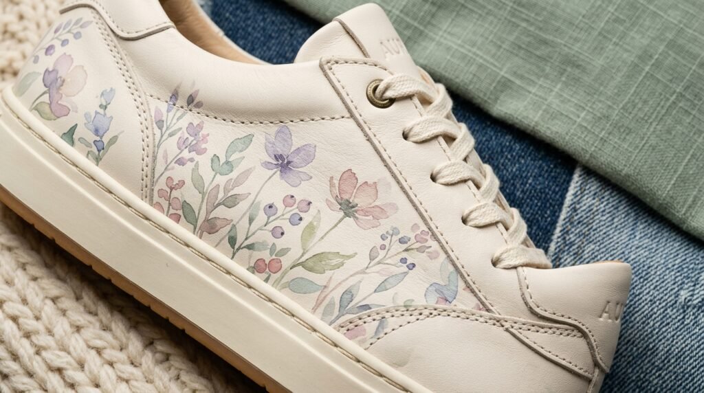 Close-up of floral leather sneaker resting next to denim, linen, and wool fabric swatches.