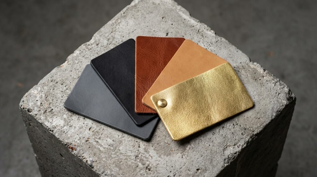 Leather color swatches demonstrating warm, cool, and neutral footwear tones.