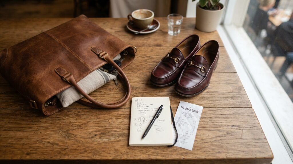 Flat-lay image of leather loafers, a handbag, and a notepad on a wooden table in natural light.