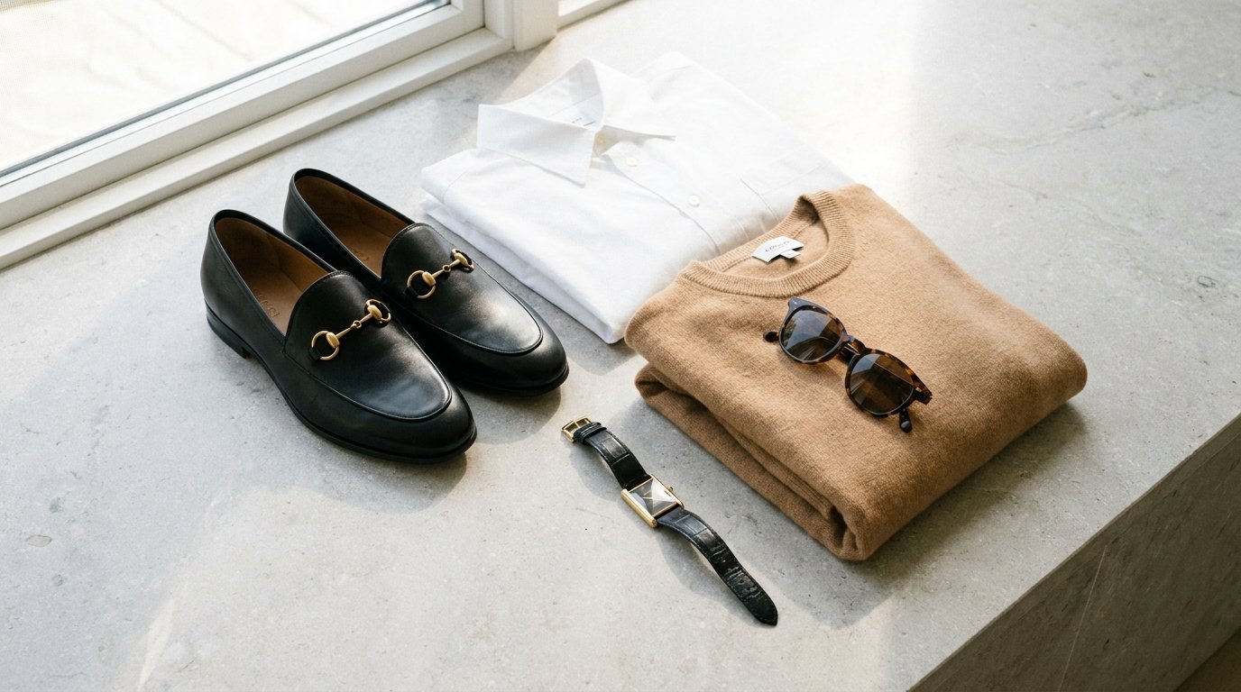 Black loafers and white shirt flat lay with a camel cashmere sweater and gold watch on limestone.