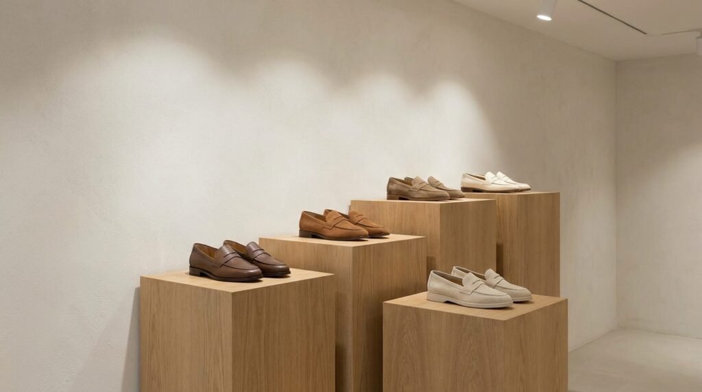 Display of diverse women's office loafers on wooden pedestals in a showroom.