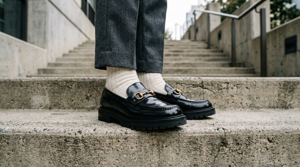 Black leather chunky lug-sole loafers with gold horsebit hardware worn with white knit socks.