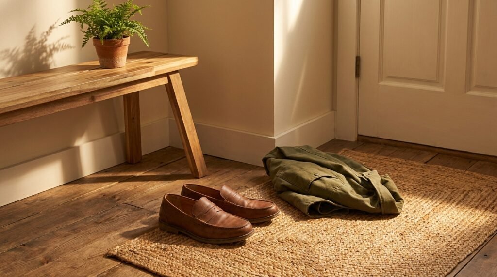 A clean pair of affordable loafers resting on an entryway mat next to a jacket.