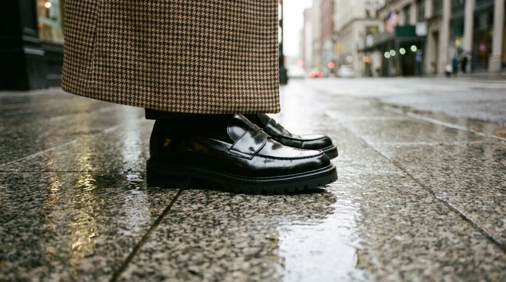 Chunky black lug-sole penny loafers worn on a city sidewalk in autumn.