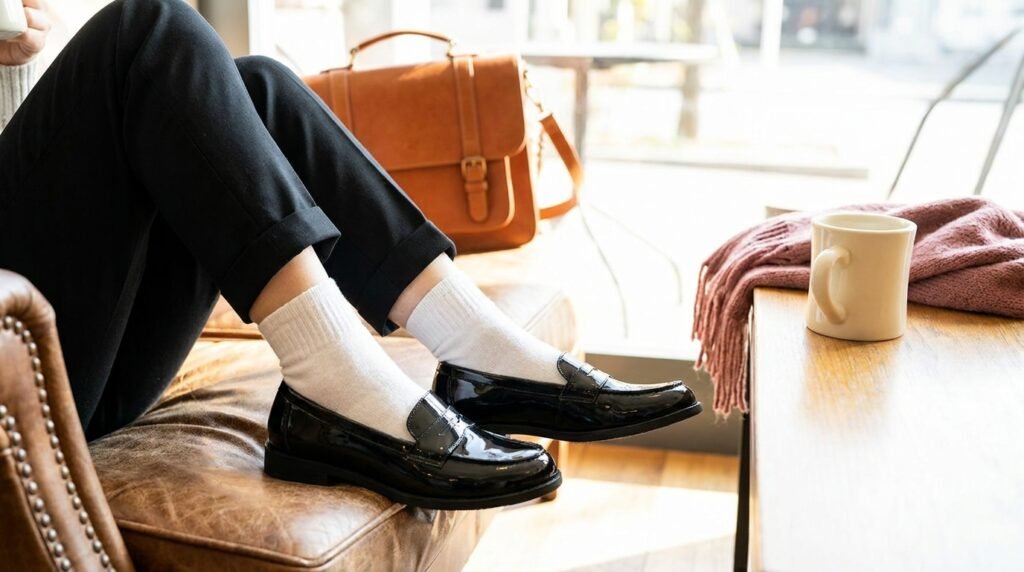 Close-up of black loafers, white socks, and black trousers on a person standing.
