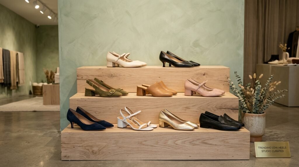 Minimalist showroom display of cute and comfy low heels and block heels on wooden pedestals.
