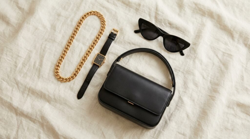 Gold jewelry, leather watch, sunglasses, and structured black bag flat lay.