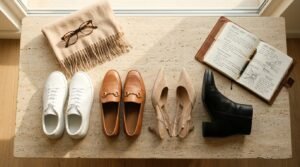 Capsule shoes for women over 50 flat lay featuring white sneakers, cognac loafers, and ankle boots.