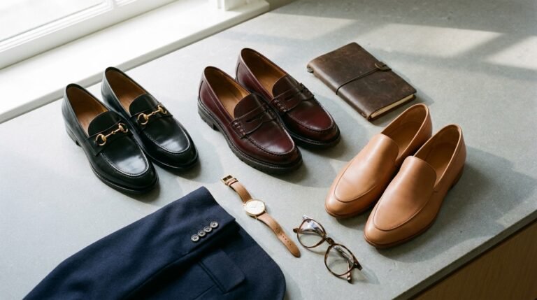 Office loafers for women flat lay featuring black horsebit, oxblood, and nude loafers on limestone.