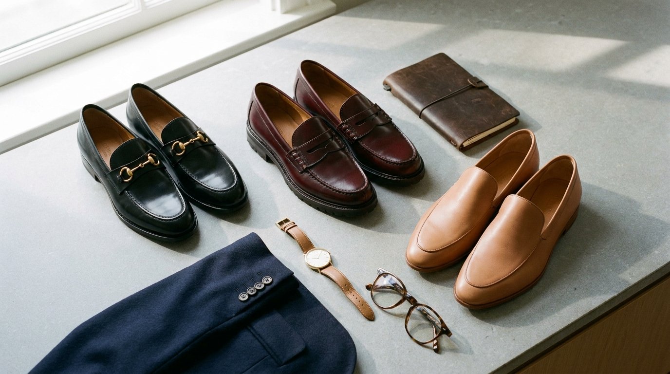 Office loafers for women flat lay featuring black horsebit, oxblood, and nude loafers on limestone.