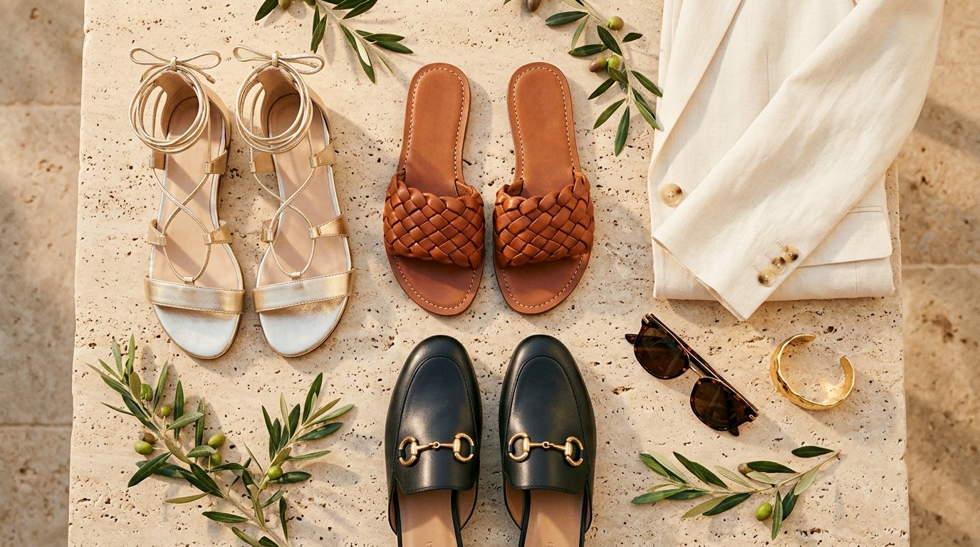 2026 luxury sandal trends flat lay with metallic gladiators, braided leather slides, and gold hardware flats.