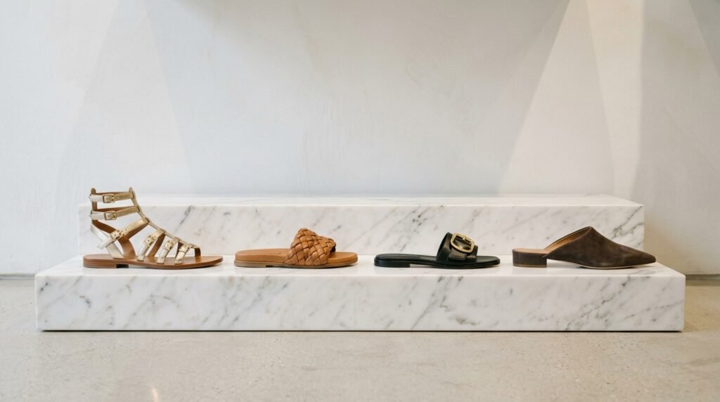 Studio display lineup of metallic gladiators, braided flats, and suede mules on marble steps.